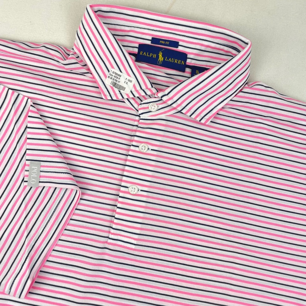 Ralph Lauren Pro Fit Mens XL Polo Shirt Pink Navy Blue Striped Short Sleeve NWOT